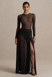 Koami Black Mesh Long Sleeve Ruched Maxi Dress With High Split
