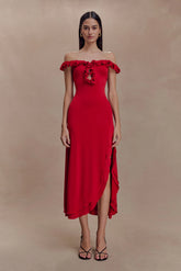 Allegra Off Shoulder Ruffle Midi Dress Ruby