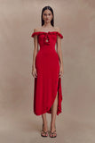 Allegra Off Shoulder Ruffle Midi Dress Ruby