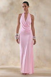 Rosina Pink Halter Neck Draped Maxi Dress With Sash