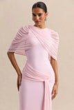 Mirene Light Pink Round Neck Maxi Dress With Gathered Detailing And Sash