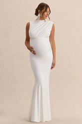 Osanna White Wide Neck Maternity Maxi Dress With Ruched Detailing