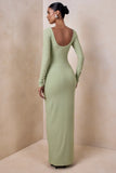 Matilda Light Green Boat Neck Maxi Dress With Ruched Detailing