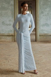 Evangela Powder Blue Lace Crew Neck Maxi Dress With Wrap Detail