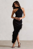 Brilliance Black Asymmetric Maxi Dress With Feather Trim