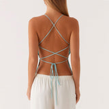 Women Sequin Beaded Cami Top V Neck Backless Criss Cross Straps Crop Tops Summer Going Out Clubwear