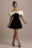 Brynne Black Cream Velvet Mini Dress With Satin Puff Sleeves