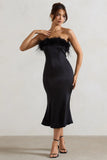 One And Only Black Satin Feather Trim Bandeau Midi Dress
