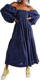 Women Floral Embroidered Maxi Dress Long Puff Sleeve Square Neck Bohemian Flowy Dress with Pockets Summer Fall