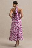 Refractive Purple Floral Print Satin Maxi Dress With Halter Neck and Pleated Skirt