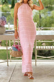 Women Backless Dress Sleeveless Textured Halter Open Back Maxi Dresses Vacation Wedding Guest