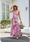 Women Boho Floral Maxi Dress Backless Spaghetti Strap A Line Flowy Summer Vacation Long Dress