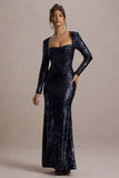 Ensley Navy Sequin Sweetheart Long Sleeve Maxi Dress