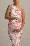 Late Night Pink Floral Print Maternity Ruched One Shoulder Midi Dress