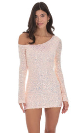 Sequin One Shoulder Bodycon Dress in Light Pink