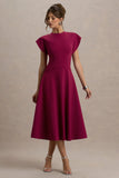 Linda Dark Cherry Crew Neck Cap Sleeve Midi Dress