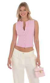 Ribbed Button Top in Pink