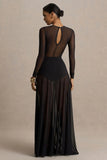 Koami Black Mesh Long Sleeve Ruched Maxi Dress With High Split