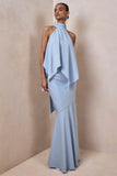 Vayla Powder Blue Matte Satin Asymmetric Drop Waist Maxi Skirt