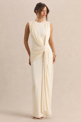 Blythia Cream Round Neck Maxi Dress With Gathered Detailing