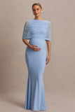 Zaria Powder Blue Crew Neck Maternity Maxi Dress With Cape Overlay