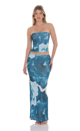 Strapless Floral Mesh Two Piece Set in Blue