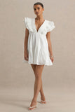 Judie White Poplin V Neck Ruffled Mini Dress