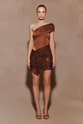 Paisley Slinky And Diamante Mini Dress Chocolate