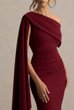 Leah Burgundy Asymmetric Neck Midi Dress With Cape Sleeve