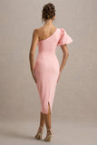 Aimee Pink Asymmetric Puff Sleeve Midi Dress
