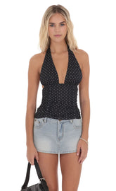 Polka Dot Ruched Halter Top in Black