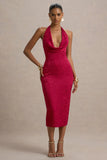 Aine Red Satin Jacquard Cowl Neck Midi Dress
