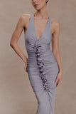 Alessandra Slinky Ruffle Maxi Dress Grey