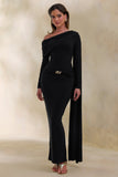 Bessy Black Asymmetric Neck Maxi Dress With Gathered Detailing And Sash