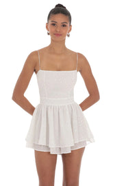 Shimmer Dotted Double Ruffle Romper in White