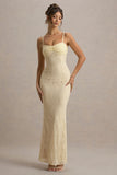 Felicia Pale Lemon Satin Sweetheart Maxi Dress With Lace Details