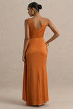 Livia Orange Plunge Neck Fishtail Maxi Dress