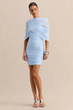Merisse Powder Blue Bandeau Mini Dress With Ruched Detailing