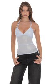 Foil Mesh Halter Top in Light Blue