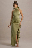 Maureen Light Green Satin High Neck Draped Maxi Dress