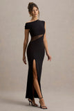 Emily Black Asymmetric Split Maxi Dress With Mesh Detailing
