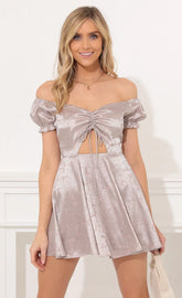 Off Shoulder Puff Sleeve Dress in Floral Grey