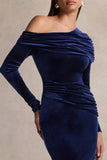 Eirene Blue Velvet Asymmetric Neck Midi Dress