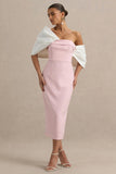 Lucille Rose Pink Asymmetric Bardot Midi Dress With Bow Detail