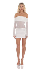 Rhinestone Mesh Off Shoulder Dress in White