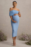 Jen Powder Blue Bardot Twisted Maternity Midi Dress