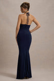 Lucena Navy Cowl Neck Wrap Maxi Dress With Floral Drape
