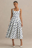 Berta White And Navy Polka Dot Square Neck Midi Dress