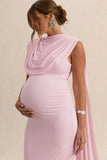 Milaine Light Pink Round Neck Maternity Midi Dress With Cape Sleeves