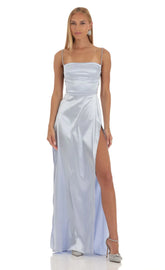Rhinestone Satin Maxi Dress in Periwinkle